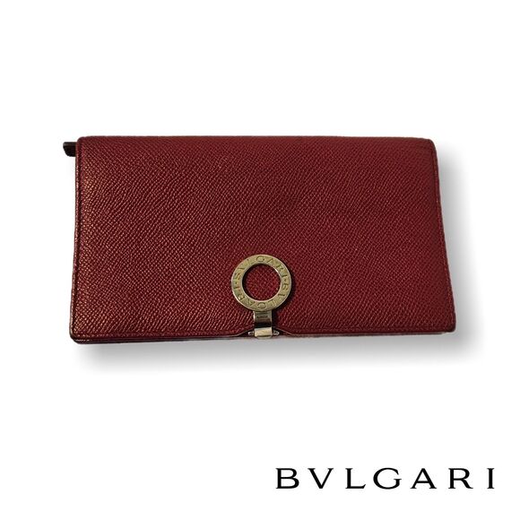 Bulgari (Authentic) Dark Red Leather Bi-fold Long Wallet w/ Silver Emblem EUC - Picture 1 of 11